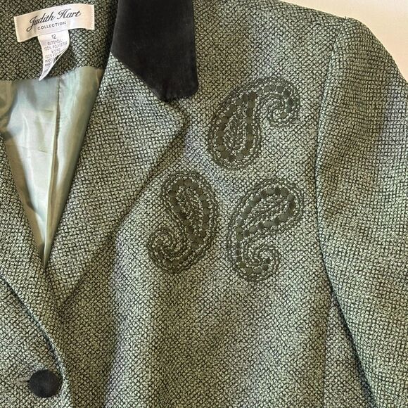 Vintage Judith Hart Blazer Womens 12 Green Paisley Embroidered Tweed 90s Jacket - Picture 12 of 16